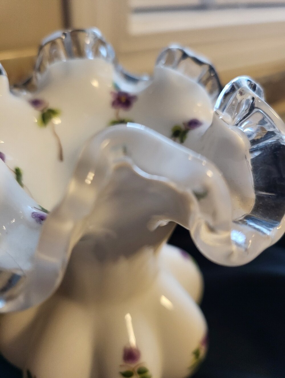 Fenton 6 In. White Glass Violets In The Snow Ruffled Vase - Picture 11 of 15